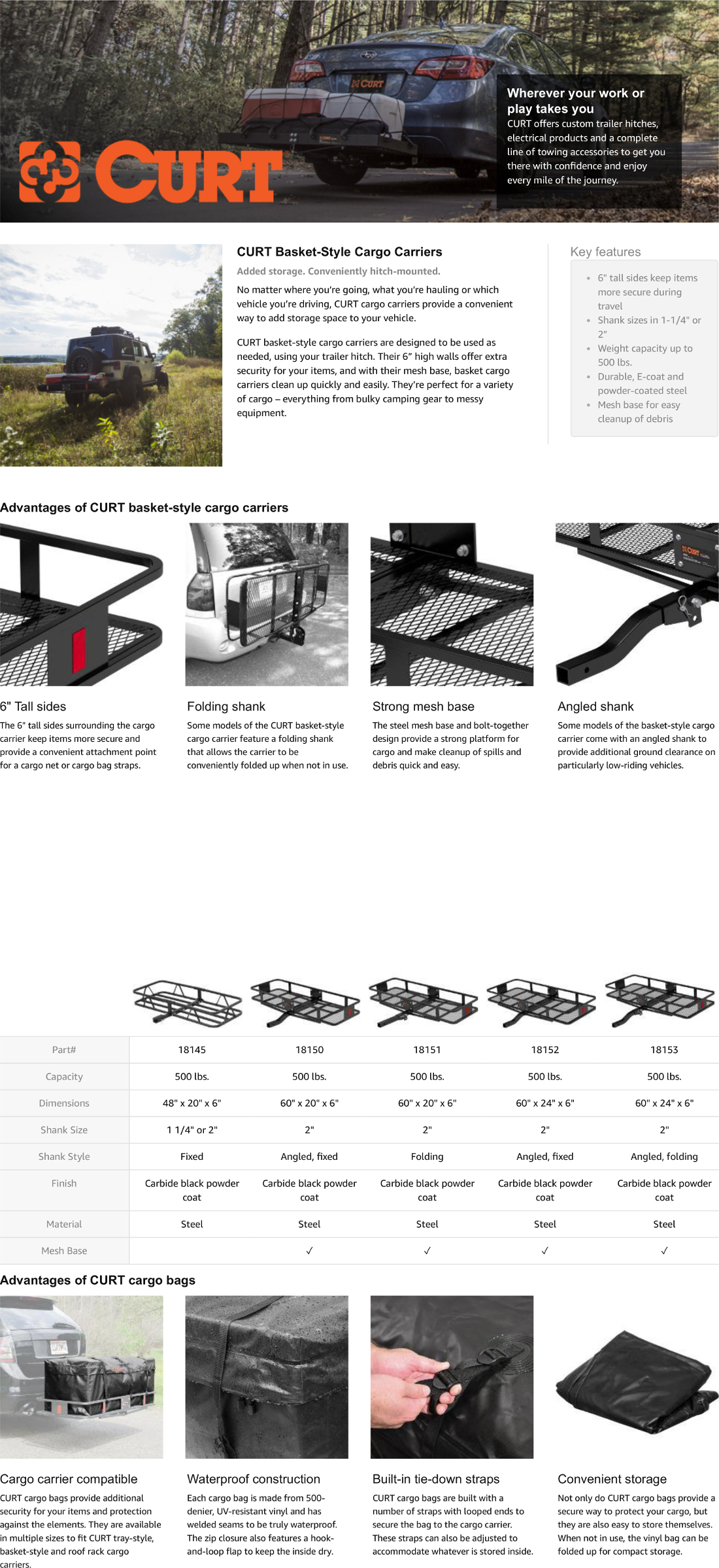 CURT 500 lbs. BasketStyle Hitch Cargo Carrier with 1.25 in. Fixed Shank and 2 in. Adapter